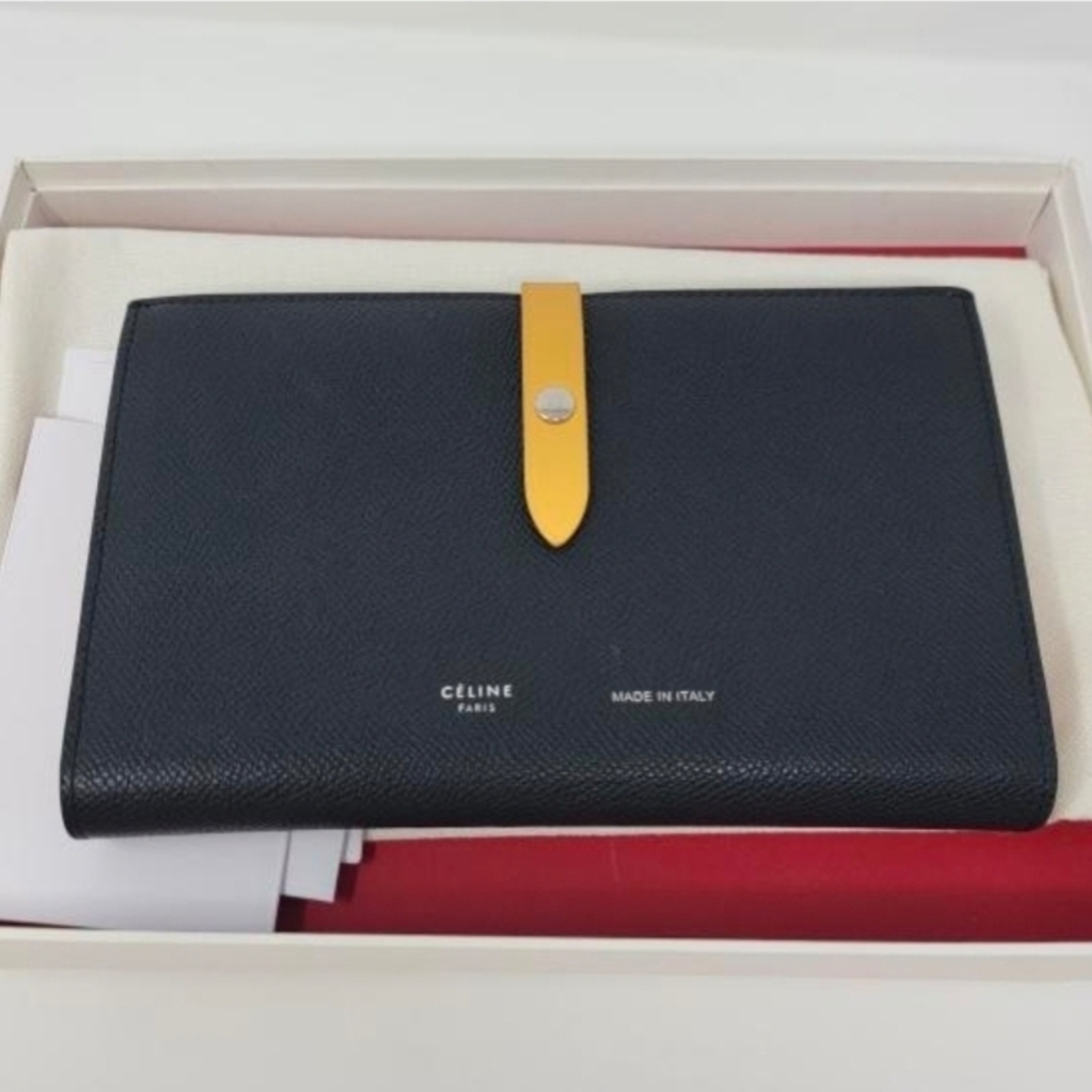 Celine Textured Black Organizer Wallet with Bold Yellow Accent